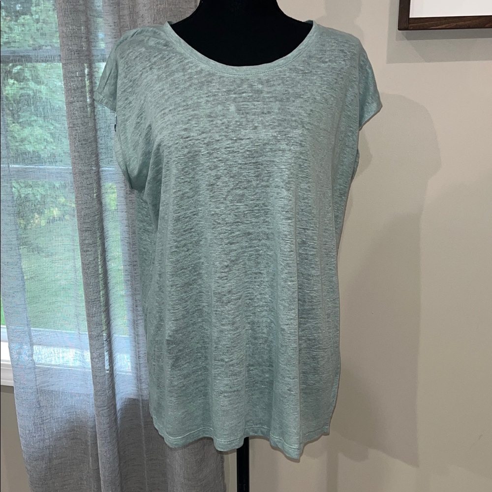 Tahari LINEN Soft Aqua green Short Sleeve Blouse cap sleeves